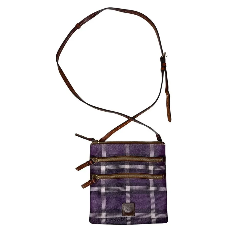 Vintage Dooney & Bourke Purple Plaid Crossbody Bag With Adjustable Strap & Tripl
